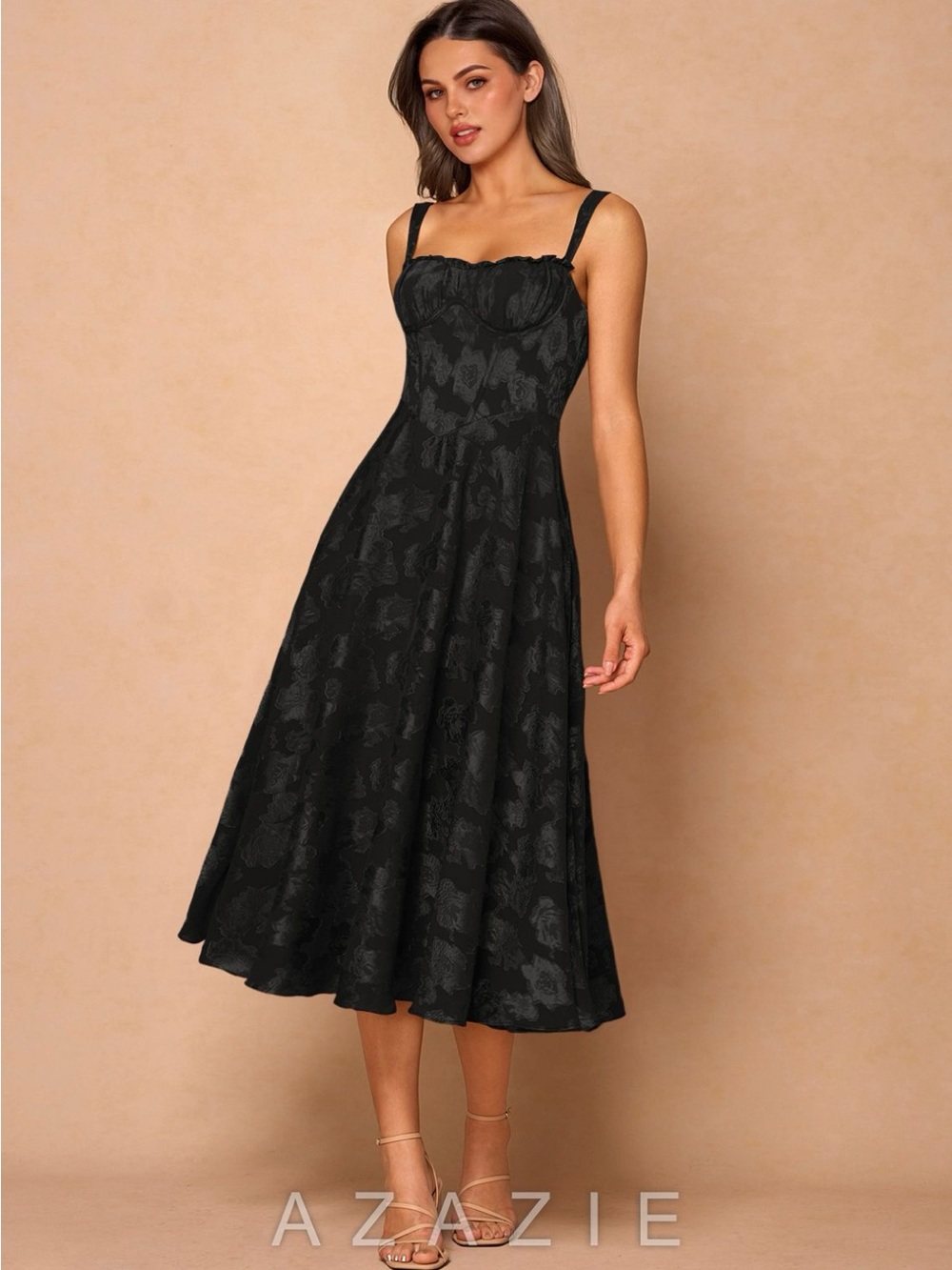 Azazie Black Floral Sylvie Midi Dress